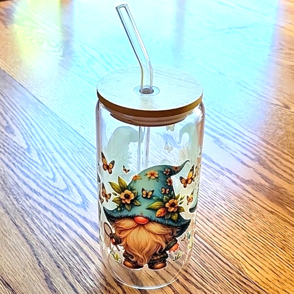 NWOT Handmade Blue Whimsical Gnome Glass Tumbler with Glass Straw